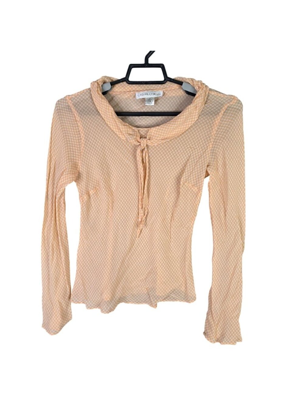 Womens Casual Corner Sheer Peach Polka Dot Silk Blouse Tie Neck Long Sleeve S